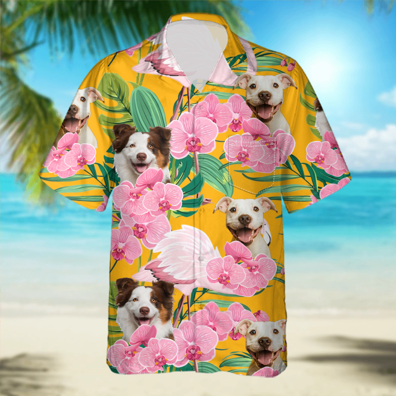 PSH07 Personalized Photo Upload Dog Lover Flamingo Hawaiian Shirt