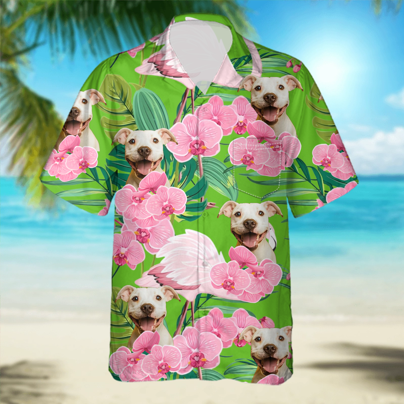 PSH07 Personalized Photo Upload Dog Lover Flamingo Hawaiian Shirt