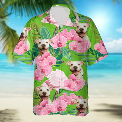 PSH07 Personalized Photo Upload Dog Lover Flamingo Hawaiian Shirt