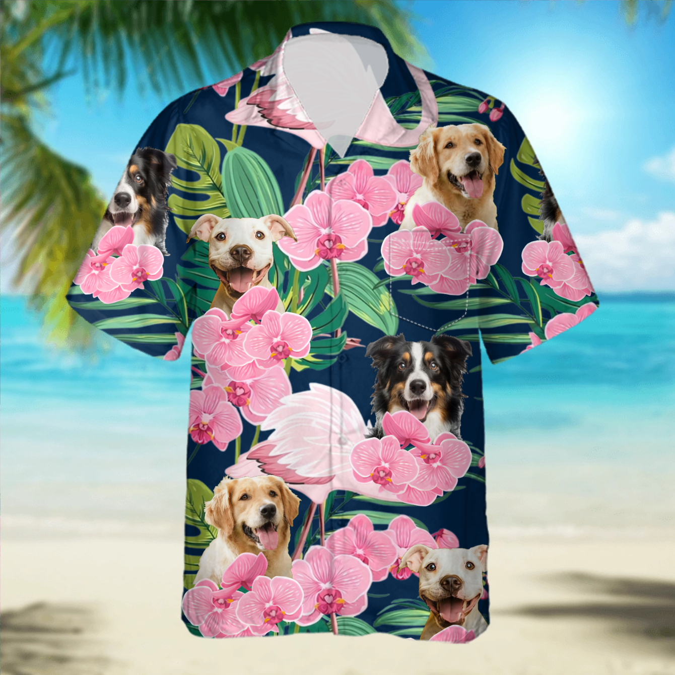 PSH07 Personalized Photo Upload Dog Lover Flamingo Hawaiian Shirt