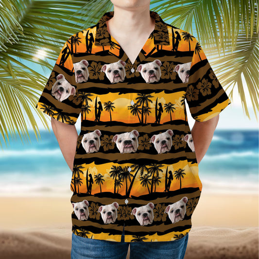 PSH09 Personalized Photo Upload Dog Lover Tropical Frangipani With Palms Sunrise Seamless Hawaiian Shirt