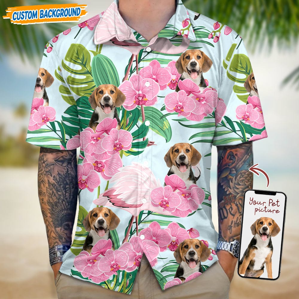 PSH07 Personalized Photo Upload Dog Lover Flamingo Hawaiian Shirt